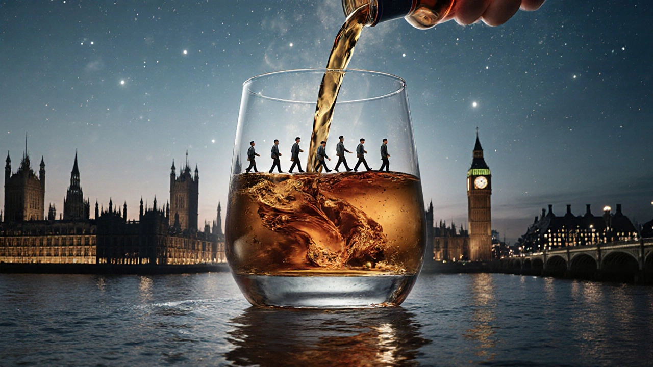 Gigantisch whiskeyglas boven de Theems met distilleerders die whiskey uitgieten naar de lucht.