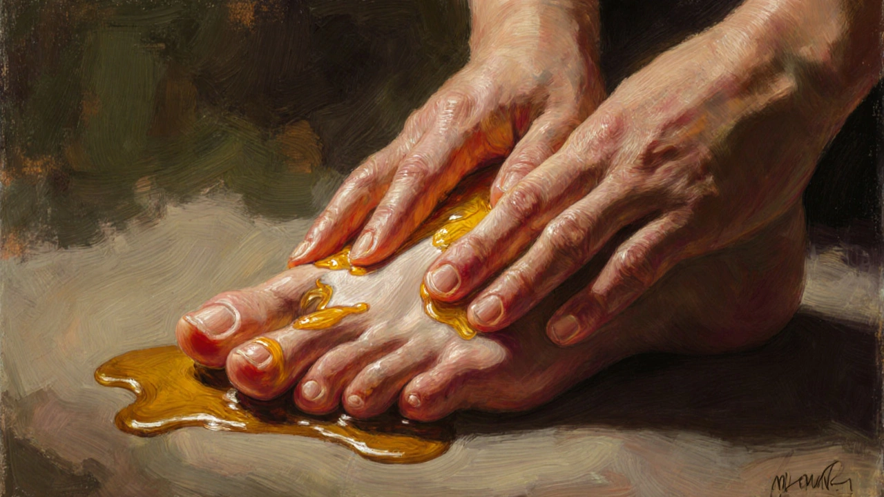 Handen die zacht een voet masseren met warme olie, huid glinsterend in zacht licht.