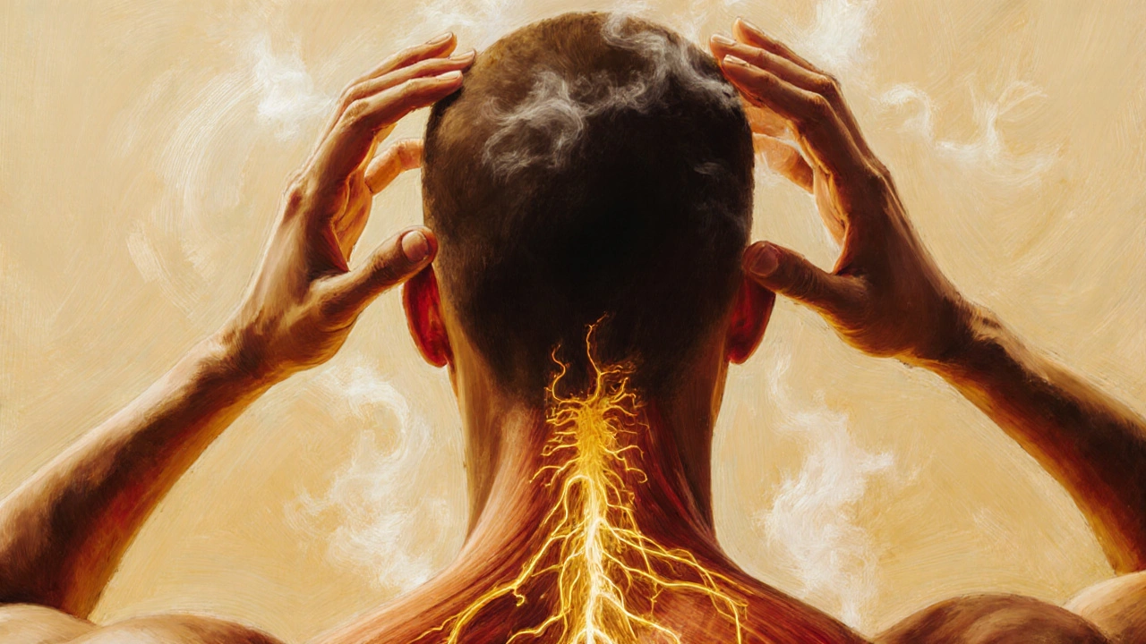 Handen masseren de nek en schedel in warme kleuren, met lichtlijnen die spanning loslaten.