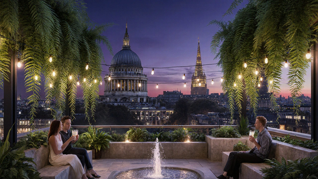 Lush Sky Garden terrace with St. Paul’s Cathedral in the background and string lights above.