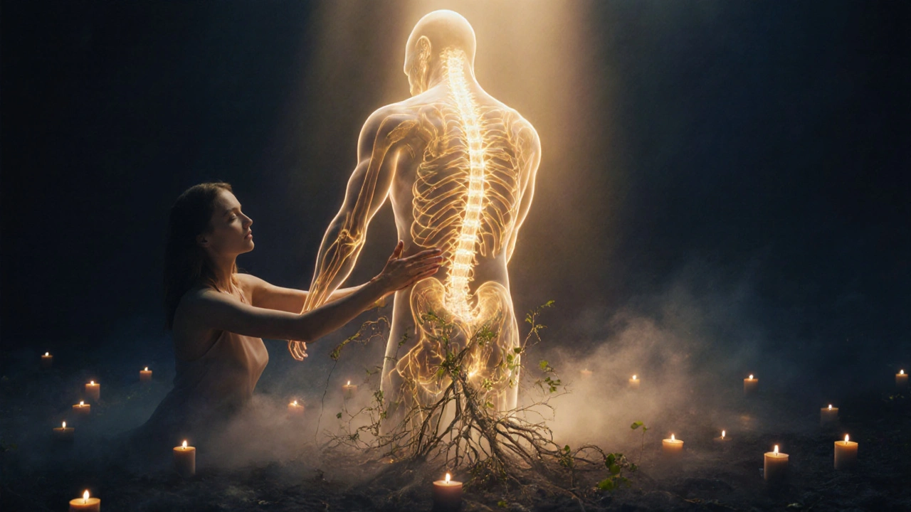 Mannelijke cliënt wordt herwonnen door licht en energie tijdens een Thai massage.