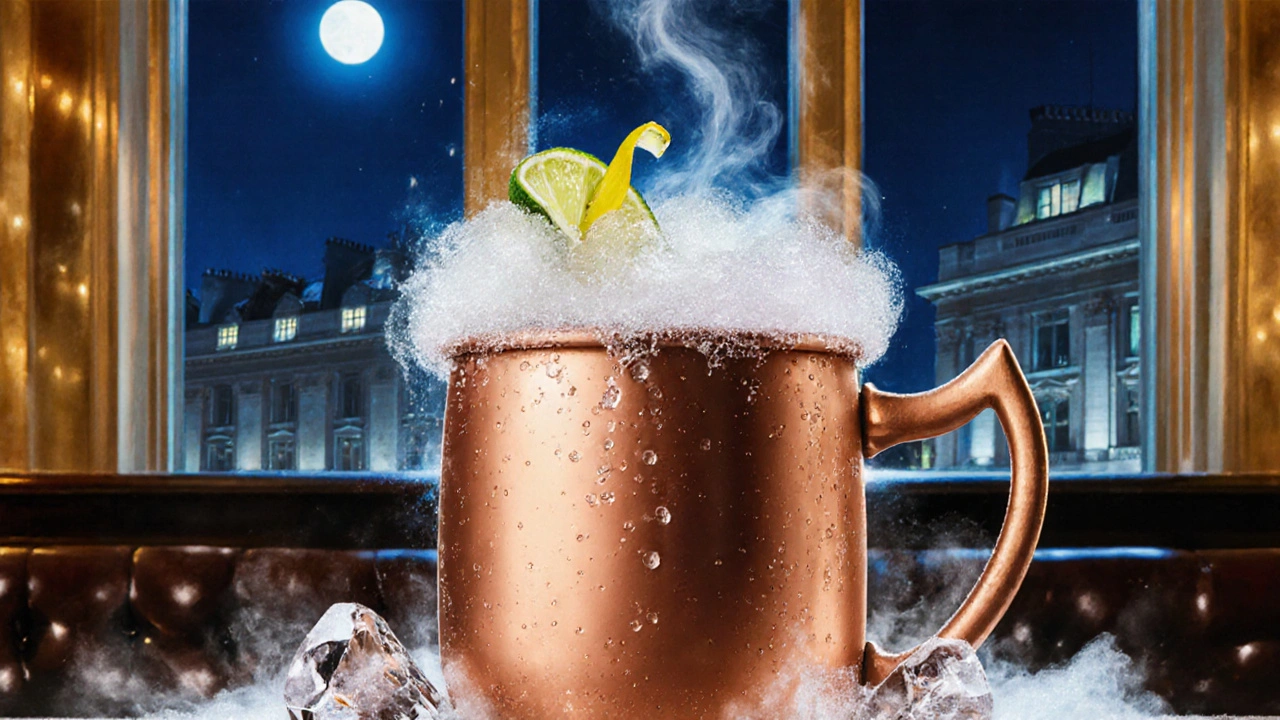 Mescal Mule in a copper mug with dry ice mist, viewed through Mayfair’s elegant windows.