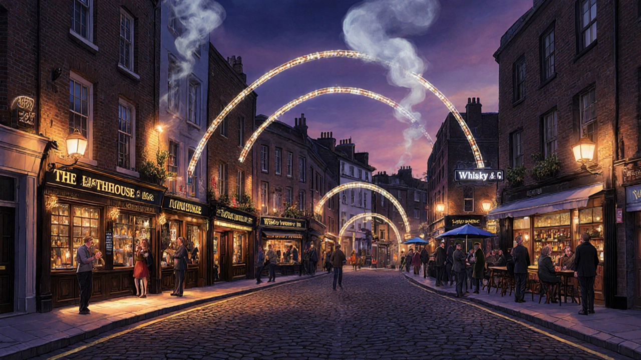 Panoramisch overzicht van vijf whiskeybars in Londen’s East End tijdens een pub crawl.