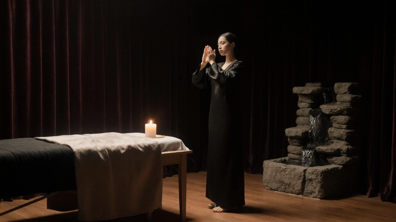 Rustige massagekamer met houten vloer, donkere zijde en een zacht brandend kaarsje.