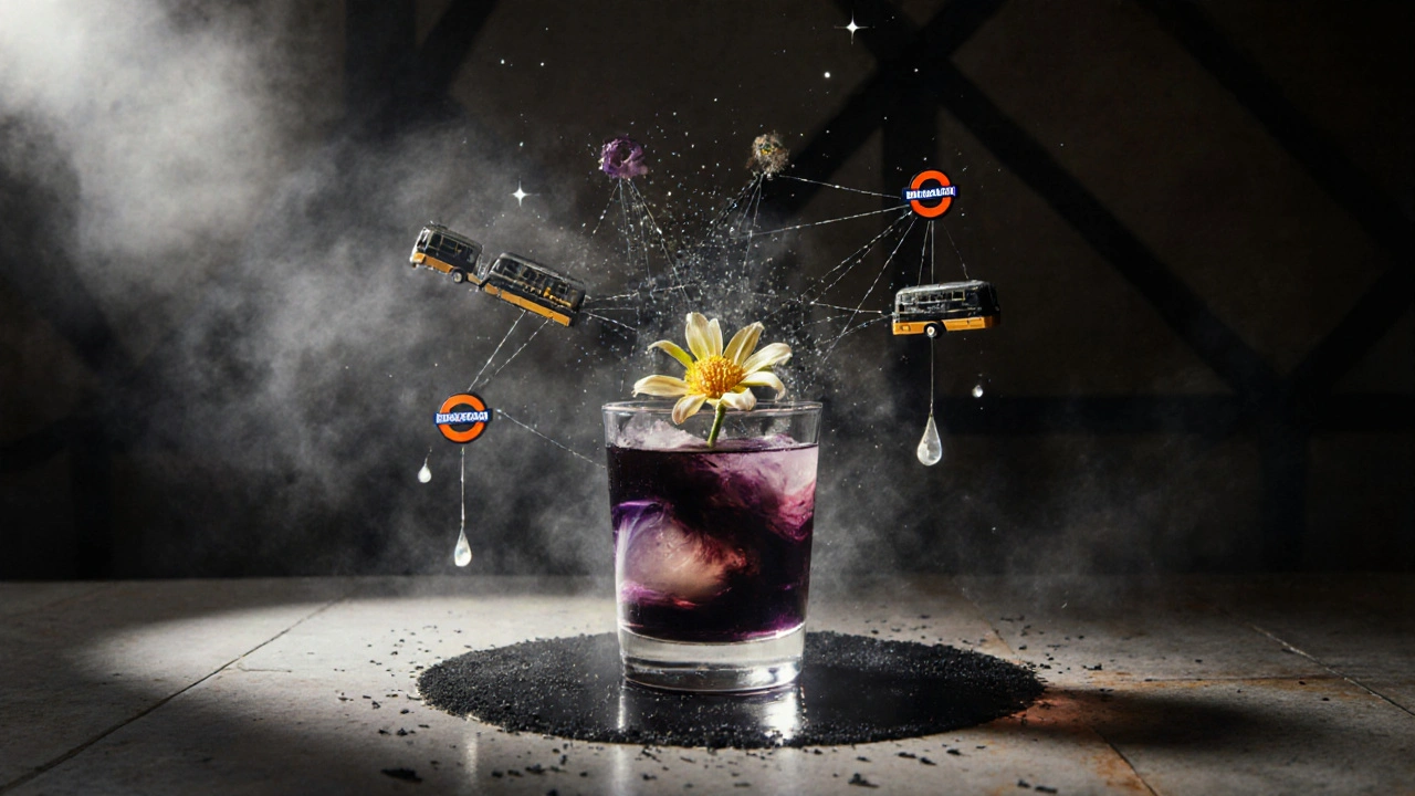 Surreal cocktail with floating flower, Underground trains, and glowing tea swirls in a dreamy bar.
