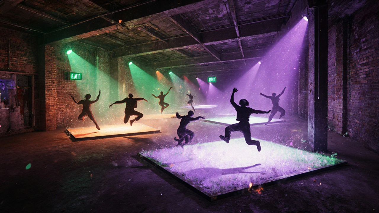 Surreal view of Printworks warehouse club, four colored light zones, silhouettes of dancers against exposed brick.