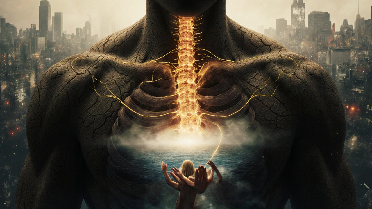 Surrealistische weergave van een manlijk lichaam als landschap waar spanning verandert in warmte en rust.