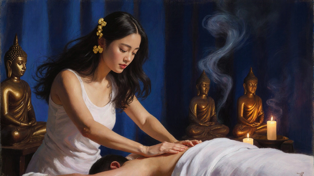 Thai masseuse werkt aan een cliënt in een rustige, kaarsverlichte ruimte.