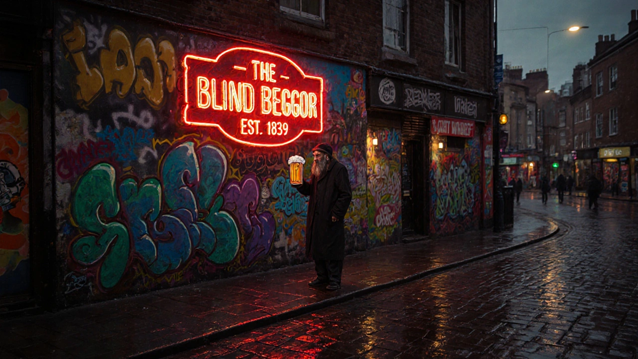 The Blind Beggar met neonlichten en graffiti in Whitechapel, regenachtige straat.