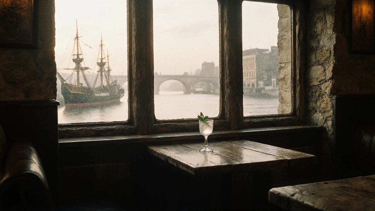 The Prospect of Whitby, oudste pub aan de Thames, met houten balken en schepen op de achtergrond.