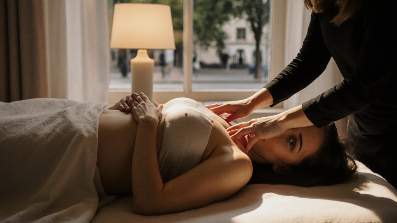 Therapeut houdt haar handen zacht op de buik van een zwangere vrouw, een moment van rust en verbinding.