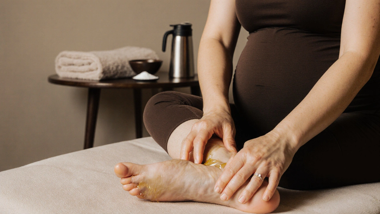 Therapeut masseert de voeten van een zwangere vrouw met warme amandelolie, haar ogen dicht en haar gezicht ontspannen.