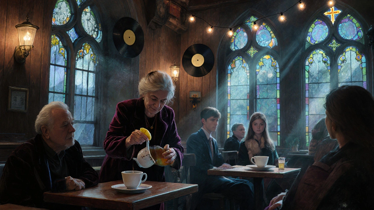 Voormalige kerkbar met platen aan de muur, iemand die thee schenkt onder maanlicht.