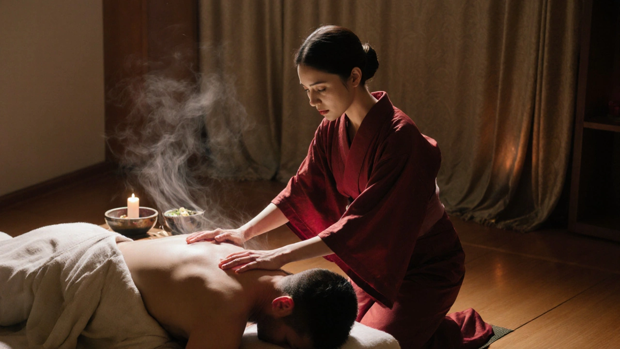 Vrouw in rode kimono met handen boven de rug van een man op een massagebed, zachte lichtjes en zijde aan de muren.