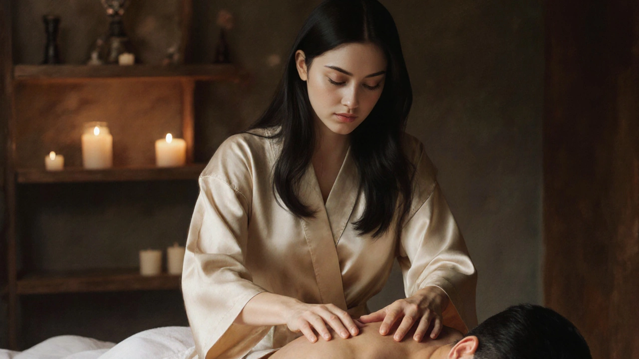 Vrouw met losse donkere haren houdt haar handen boven de rug van een man op een massagebank, stilte en zachte aanraking.