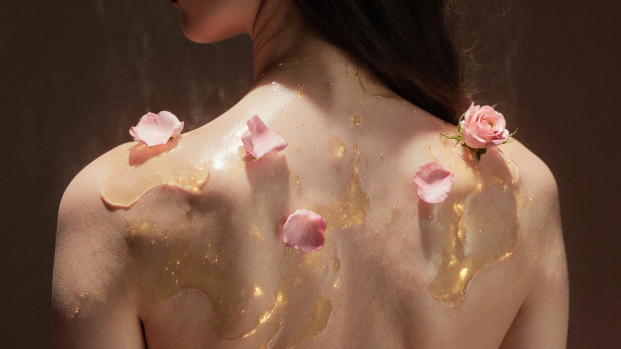 Vrouwelijke rug met rosehipolie die glinstert als licht, rozenblaadjes zweven omhoog in een dromerige sfeer.