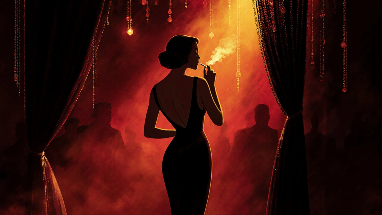 Woman in a black dress lighting a cigarette in a moody, beaded nightclub interior.