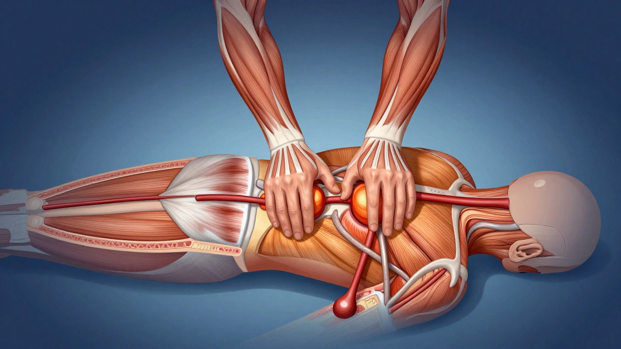 Anatomische illustratie van gespannen spierlagen en fascia die worden vrijgemaakt door diepe druk.