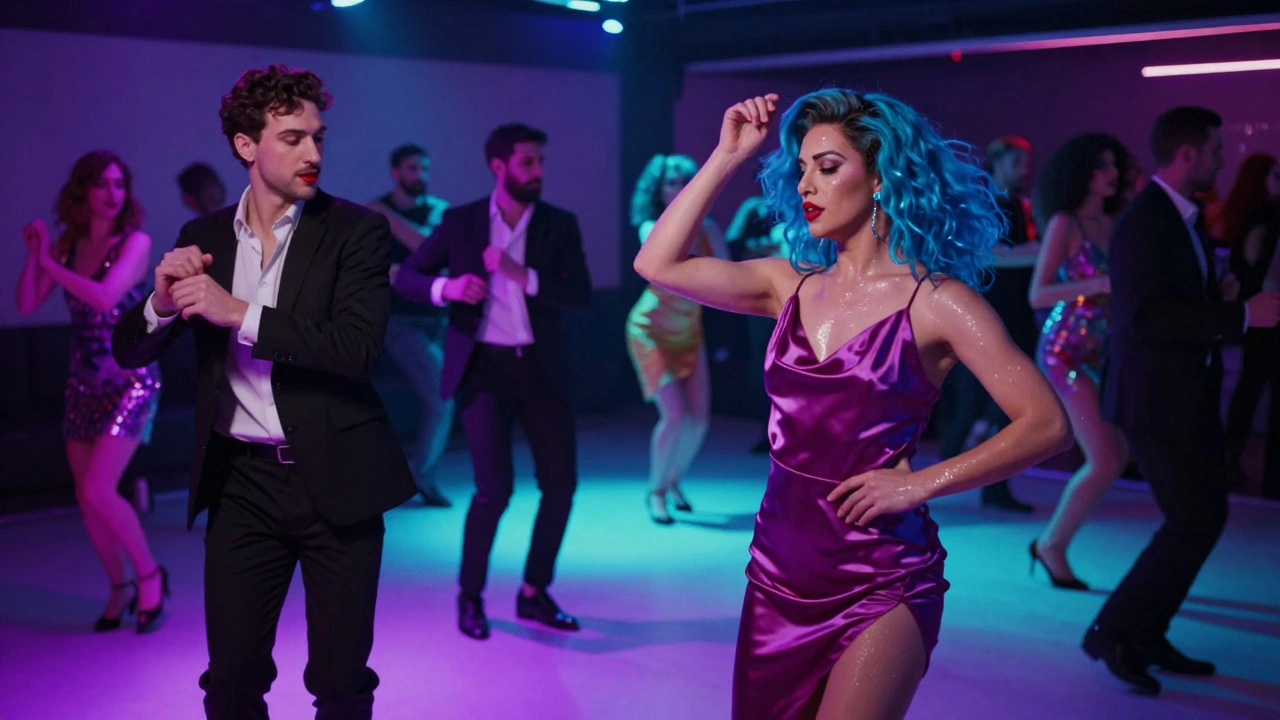 Binnen een geheime club: divers publiek dansend onder gloeiende wanden, met mensen in kleurrijke kleding en een trans vrouw die de lucht lijkt te veranderen.