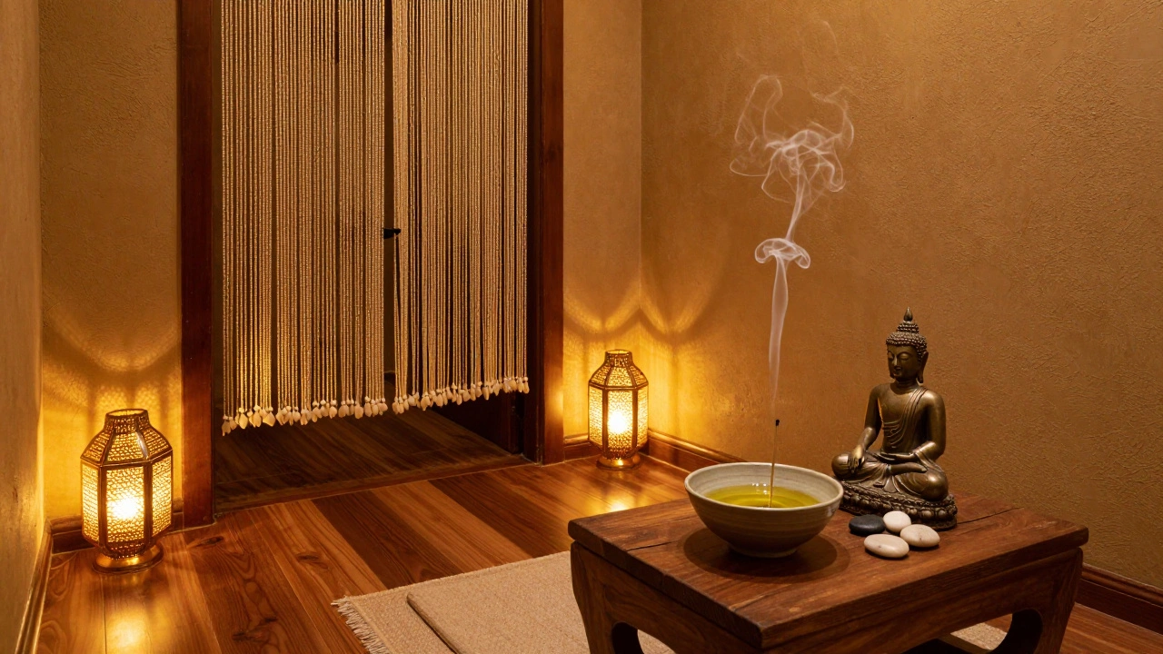 Binnenkamer van een Thai massage ruimte met houten vloer, gouden lichten en een Buddha-beeldje op een tafel.