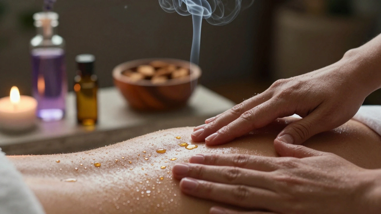 Close-up van handen die essentiële oliën in de huid masseren, met olie die glinstert onder kaarslicht.