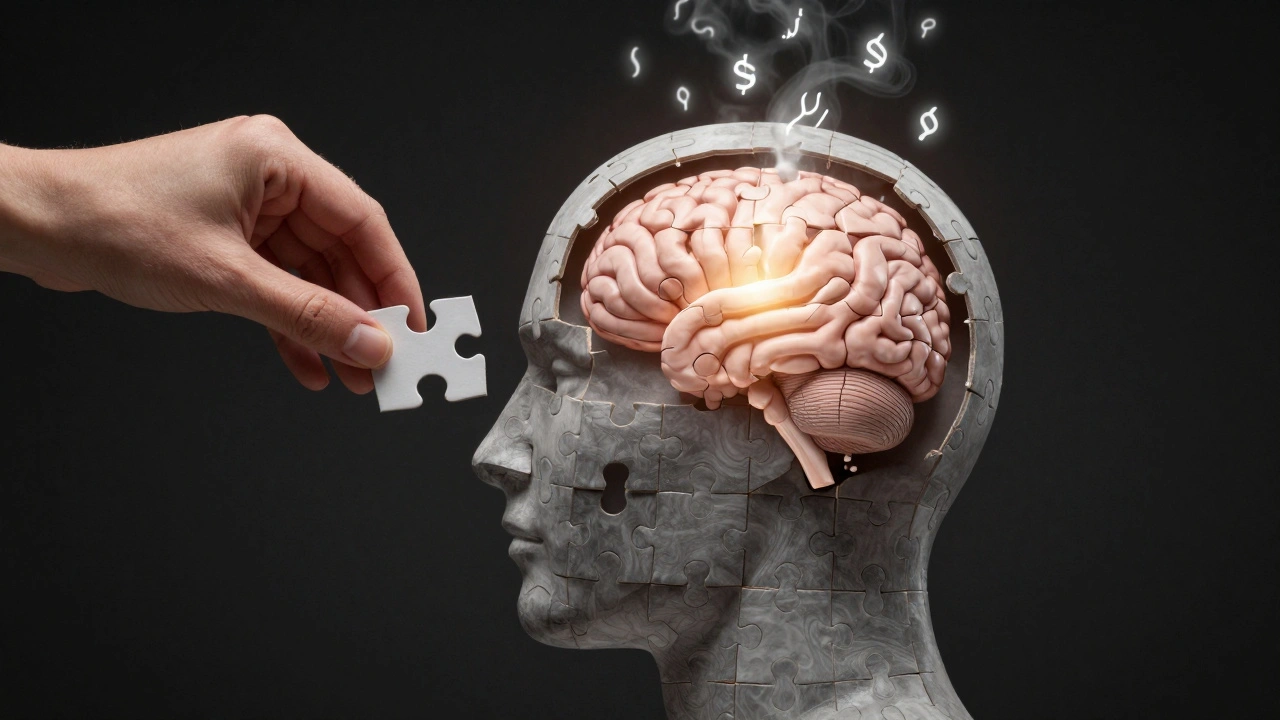 Conceptuele afbeelding van een hoofd als puzzel waar een stukje wordt opgetild, licht straalt uit de hersenen.