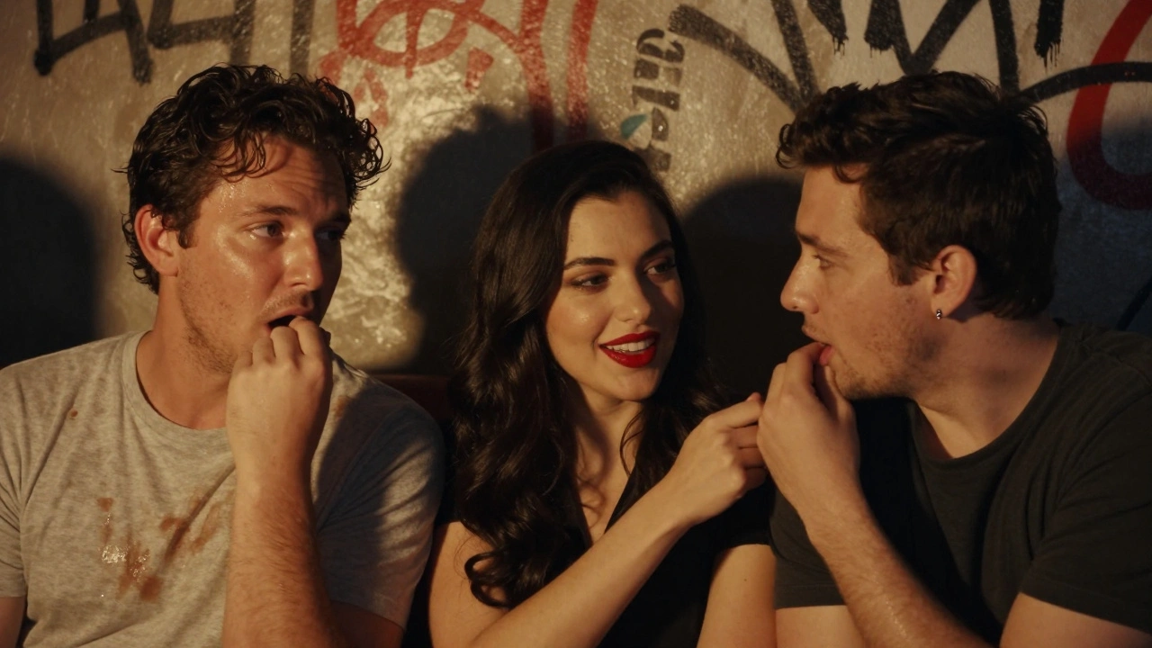 Drie publieksleden in de voorste rij: een zweetvlekkenhemd, een vrouw met rode lippen en een jongen die zijn vriendin knijpt.