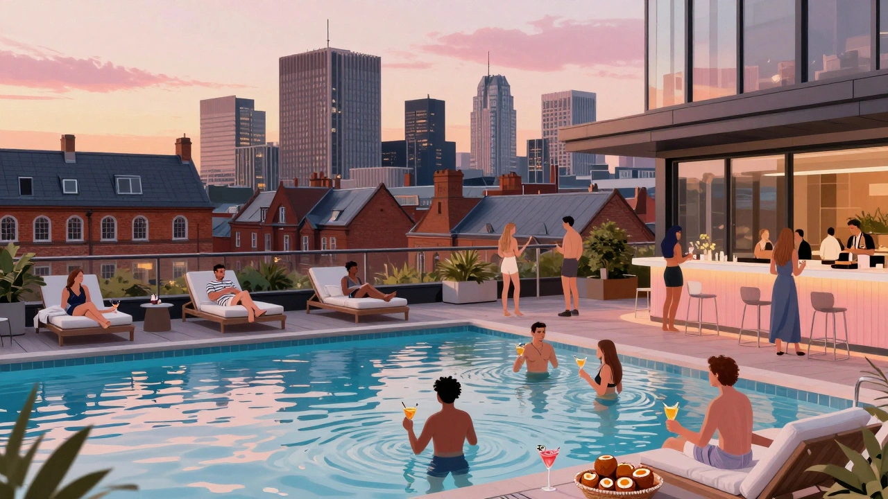 Een dakterras met zwembad in King’s Cross, waar mensen cocktails drinken terwijl de stad in de avondlichten opgaat.