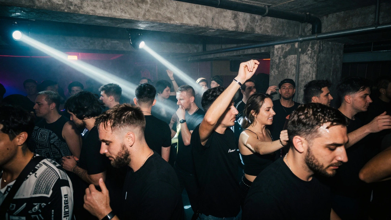 Een donkere, energieke techno-club met een dichte menigte dansers onder flikkerende lichten.