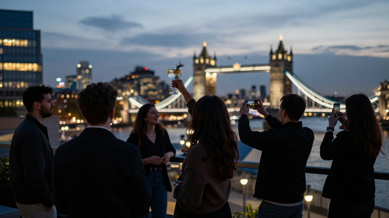 Een groep mensen op een dakterras in Shoreditch, silhouet tegen de verlichte skyline van Londen bij schemering.