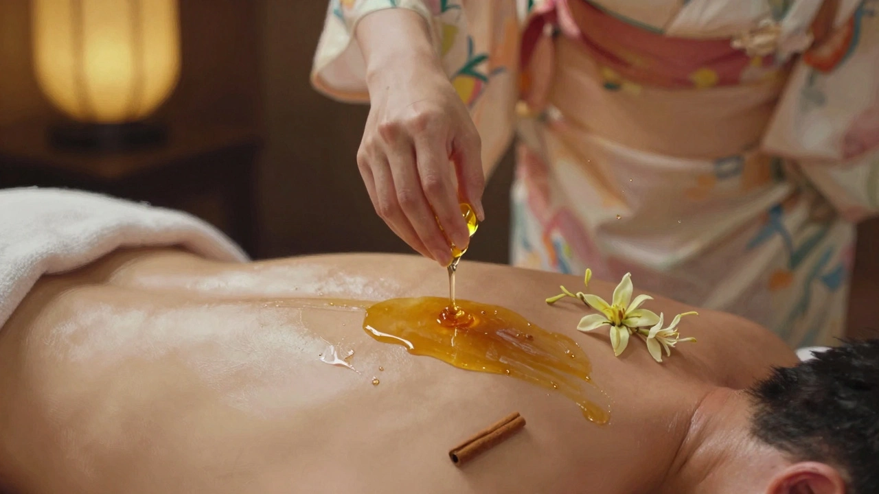 Een hand laat warme aromatische olie druppelen op een manlijke borst, met bloemen en kruiden in de lucht.