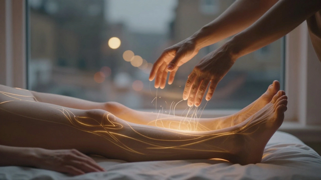 Een lichaam ontspant in golven van warmte, zachte handen zweven erboven, abstracte lichtstralen volgen de spieren.