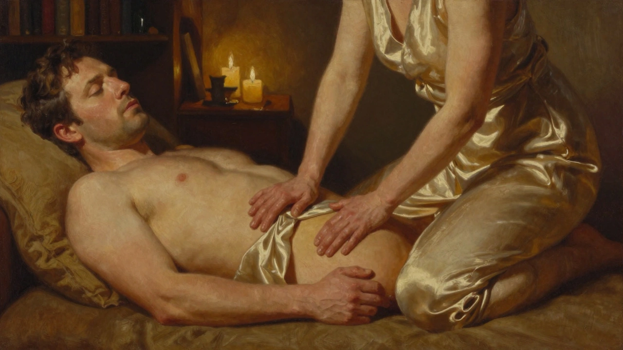 Een masseuse knielt voor een man op de bank, haar handen rusten zacht op zijn dijen, warm licht benadrukt de intimiteit van het moment.