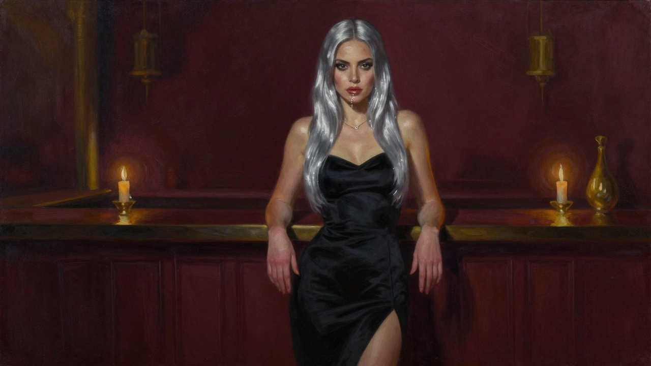 Een mysterieuze vrouw bij een bar in Abu Dhabi, in een zwarte jurk, kaarslicht op haar lippen en haar, donkere ogen die direct kijken.