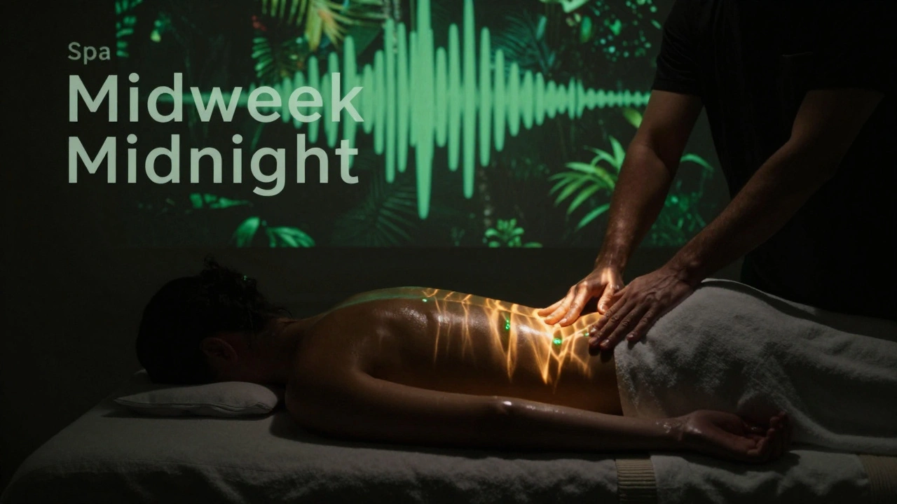 Een nachtelijke massage in het donker, verlicht door jungleklanken en een subtiele gloed op de huid.