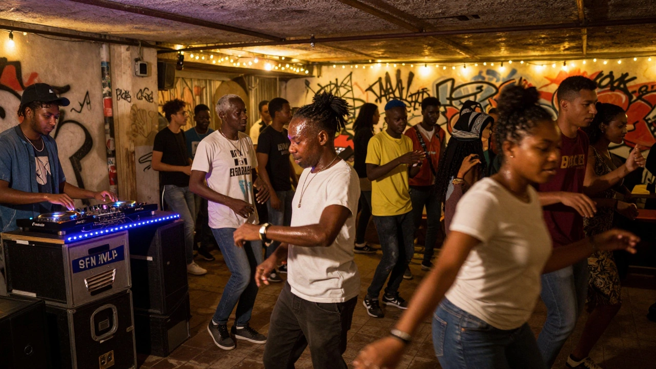 Een ondergrondse dansavond in Peckham met een divers publiek dat dans op Afrobeat en grime, verlicht door fairy lights.