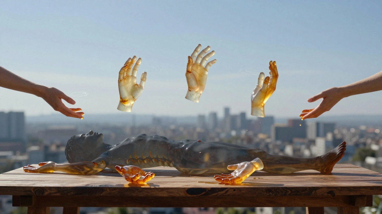 Een silhouet op een massagetafel omgeven door zwevende, lichtige handen die het lichaam omarmen, terwijl de stad achterin vervagt.