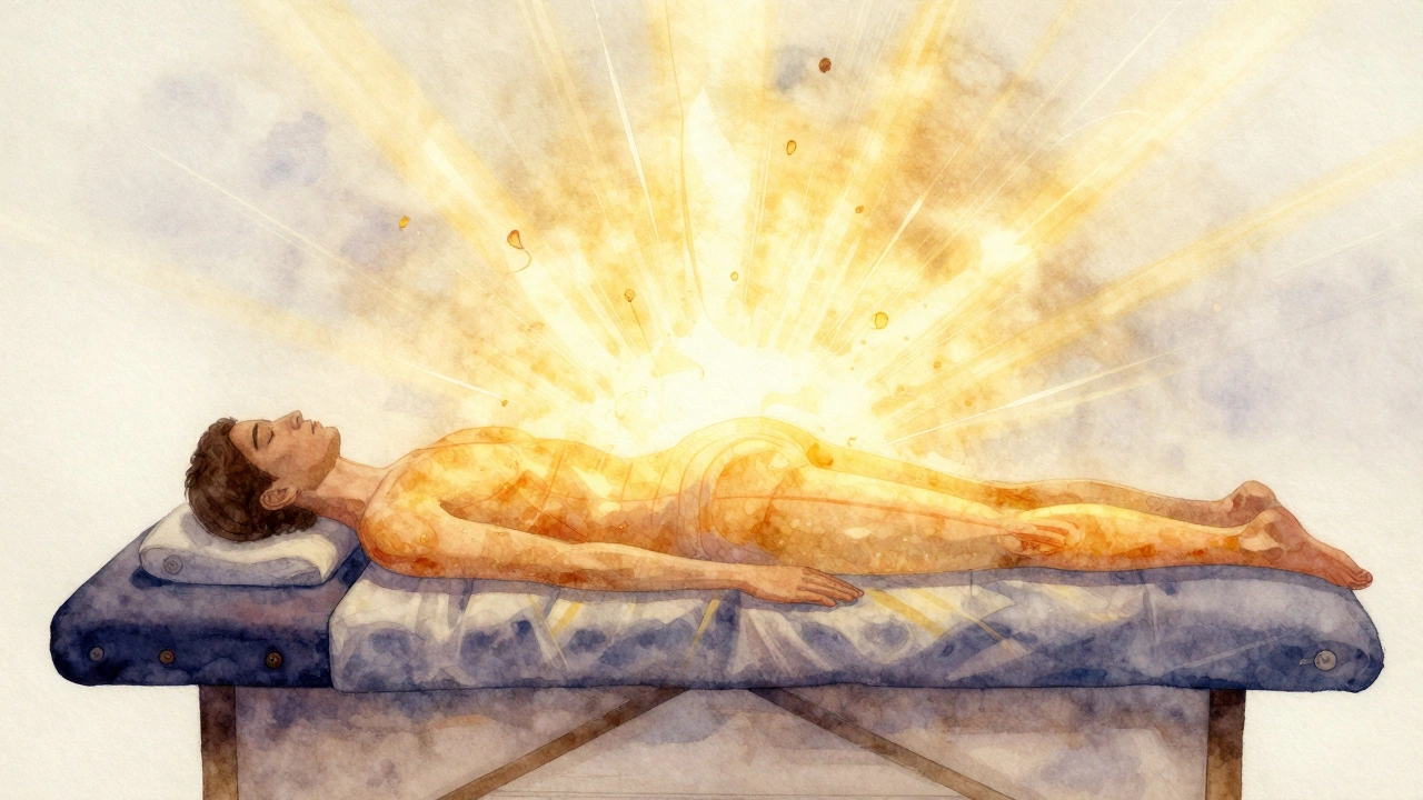 Een silhouet van een persoon op een massagetafel, met gouden warmte die door het lichaam stroomt als een teken van ontspanning.