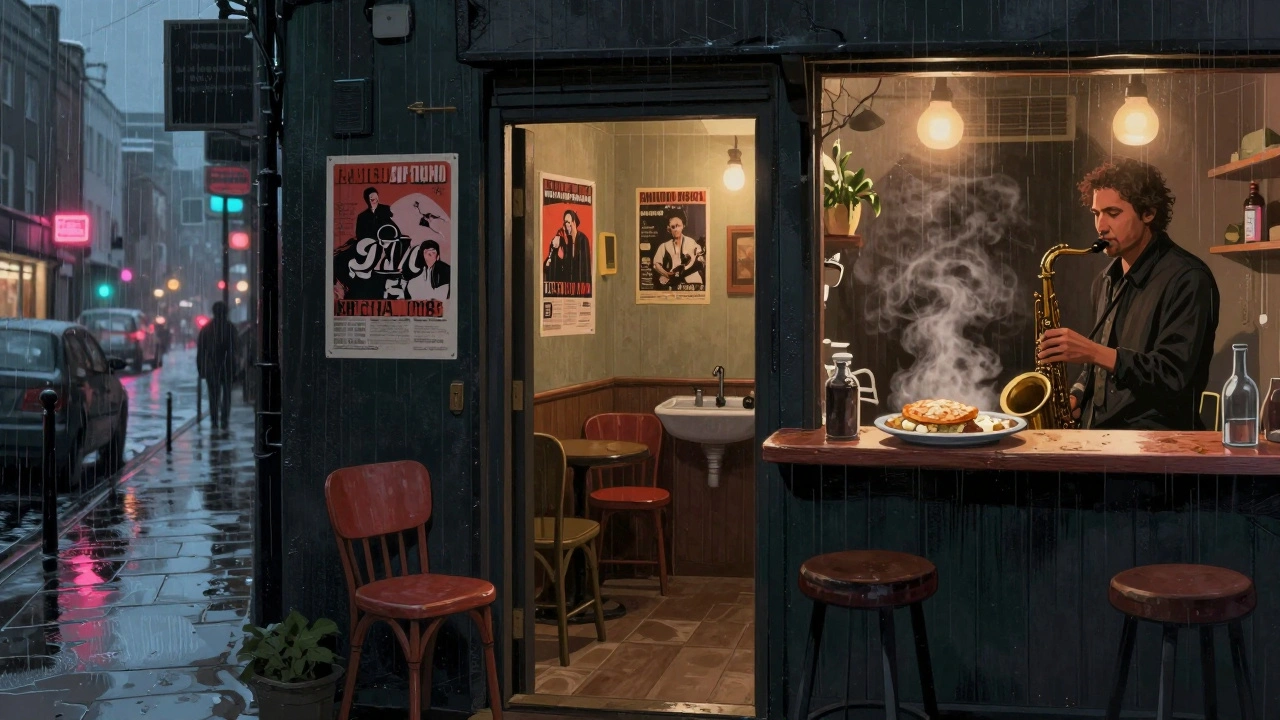 Een verborgen bar in Shoreditch met een saxofonist, een warme maaltijd en regenbuit buiten.