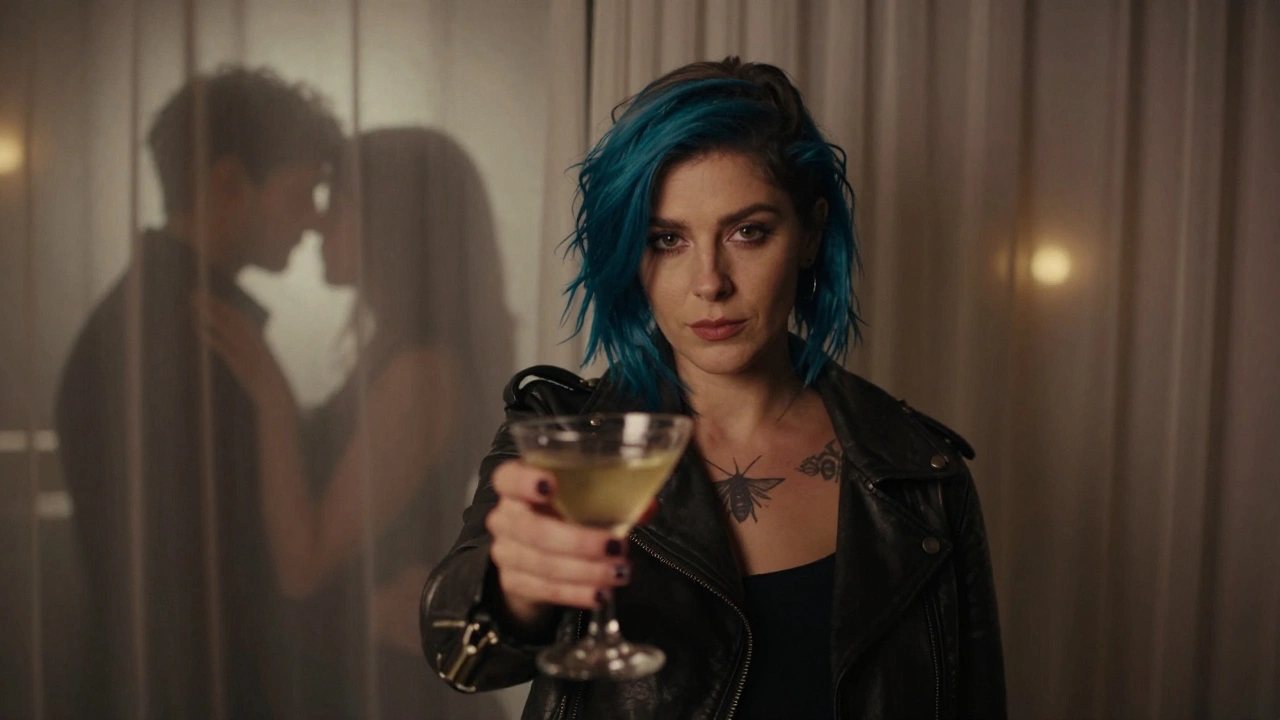 Een vrouw met blauw haar en leerjack biedt een glas aan, haar ogen vol herkenning, achter haar een lichtgordijn dat een intieme ruimte verbergt.