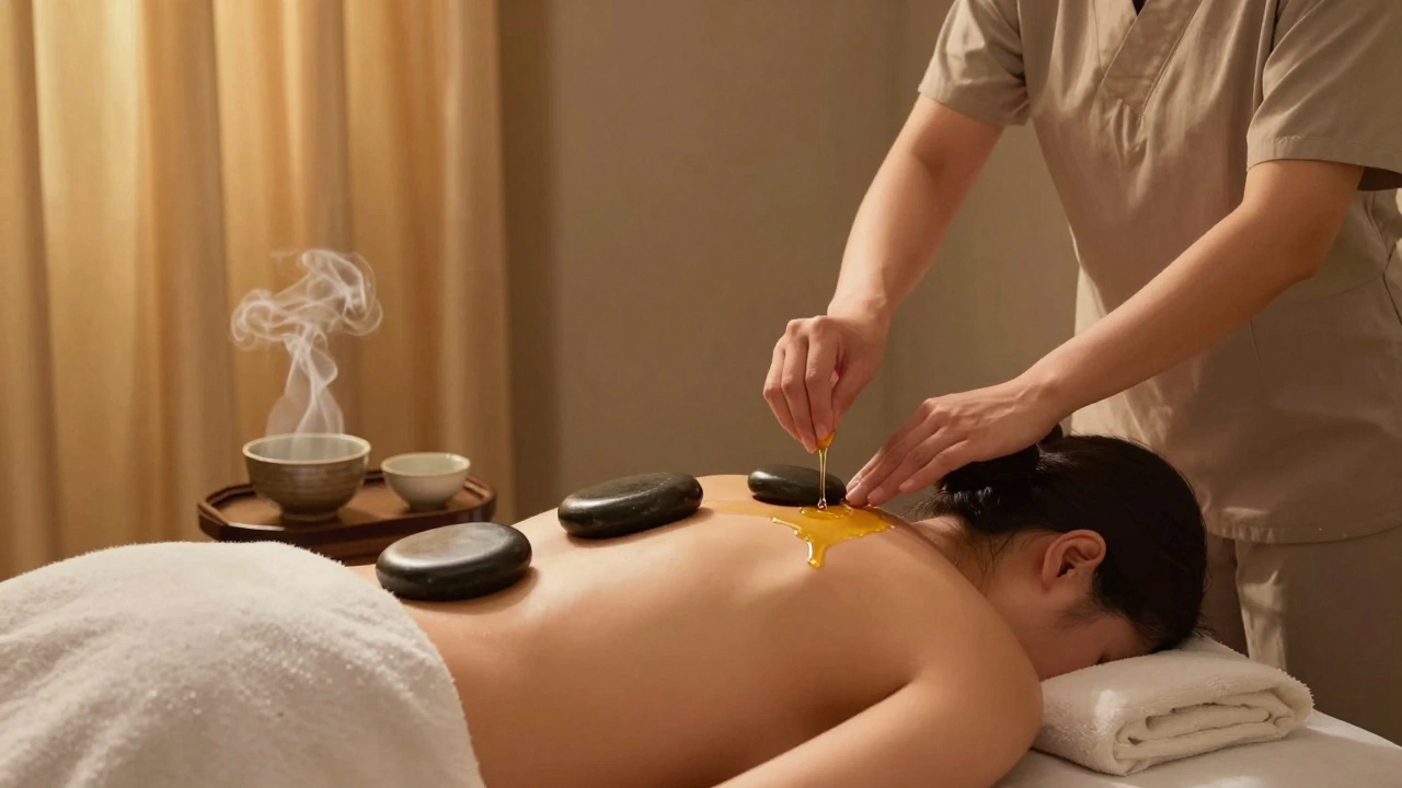 Een warme stenen therapie met arganolie en keramische thee kommen in een rustige, luxe sfeer.