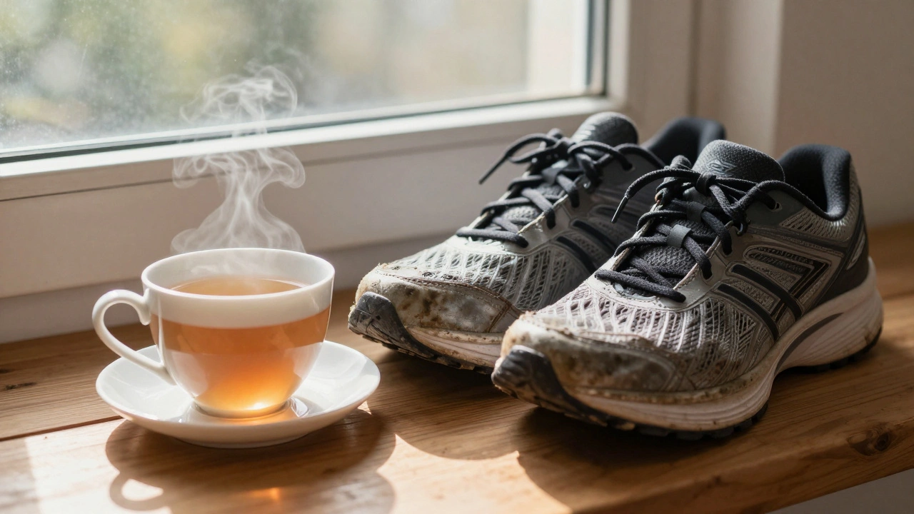 Gedragen hardloopschoenen en een kop thee op een vensterbank — symbool van herstel en herwonnen beweging.