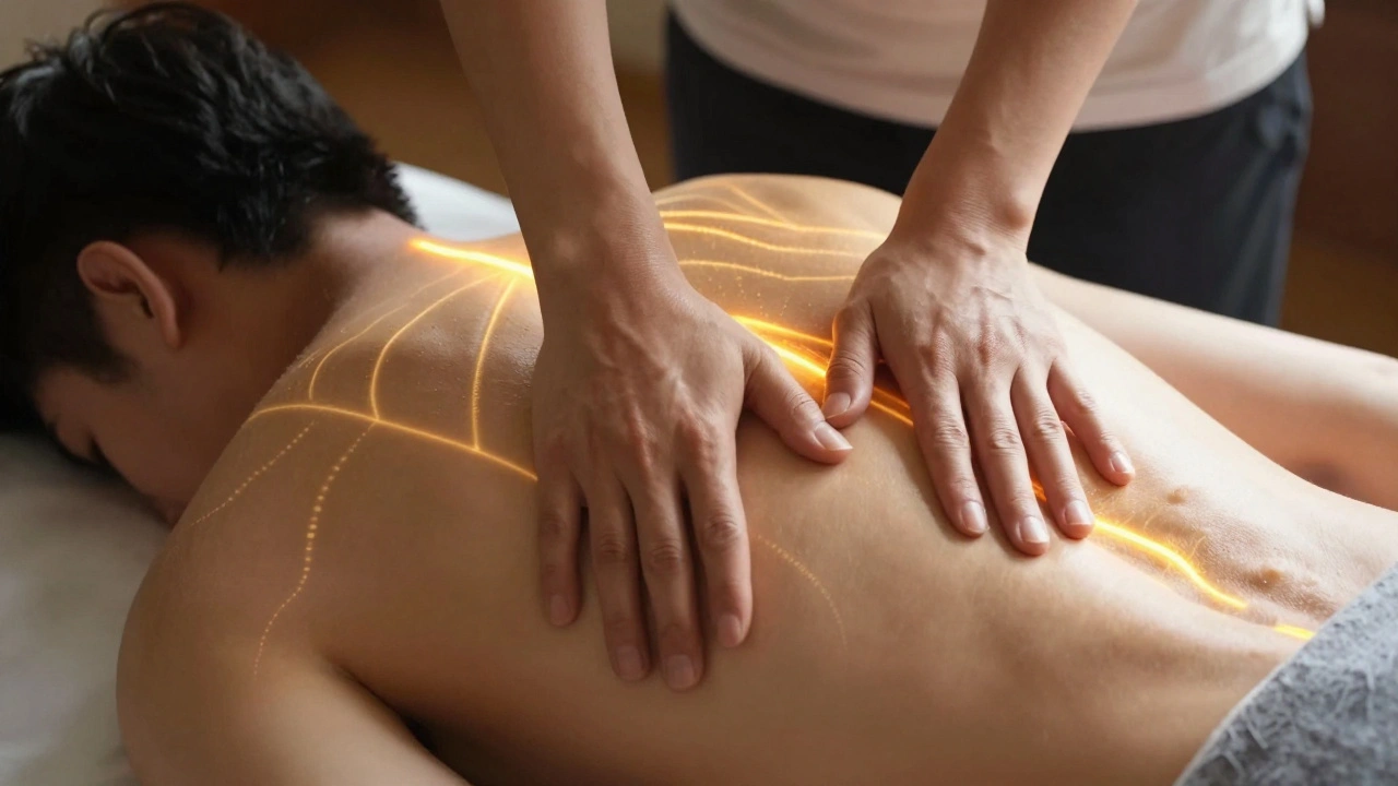 Handen van een masseuse die warmte uitstralen terwijl ze de rug van een man masseren.