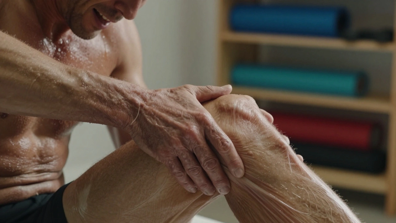 Handen voeren myofasciale release uit op dijspieren van een loper.