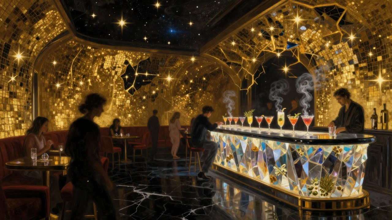 Interieur van Zula-club: zwart marmeren vloer, gouden mozaïeken en kristallen bar met rokende cocktails in een sterrenhemel-achtige sfeer.