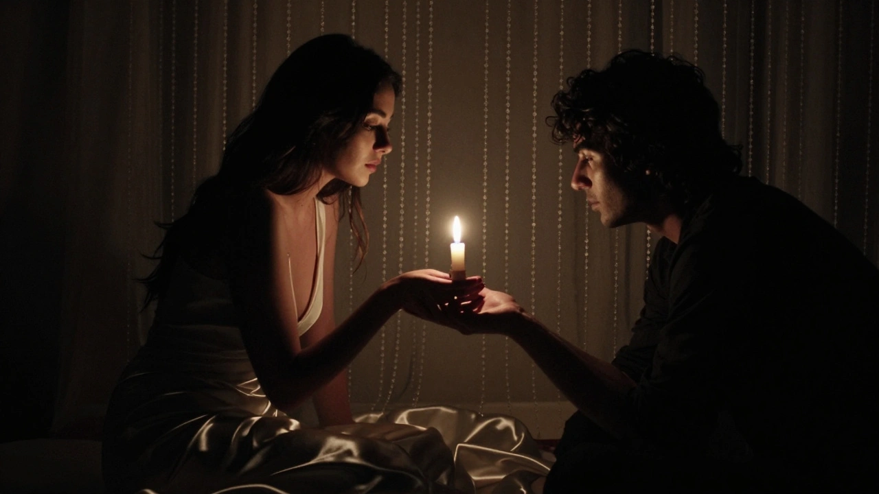 Intieme moment in een donkere kamer: een vrouw reikt naar een man zijn pols, alleen verlicht door een kaars, kralengordijn achter hen.