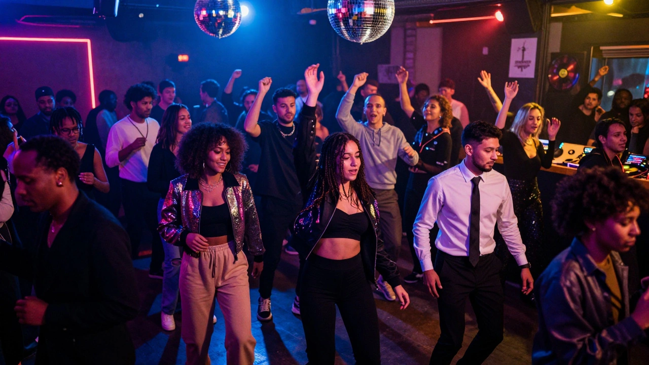 Levendige dansvloer met diverse mensen in kleurrijke kleding onder neonlicht.