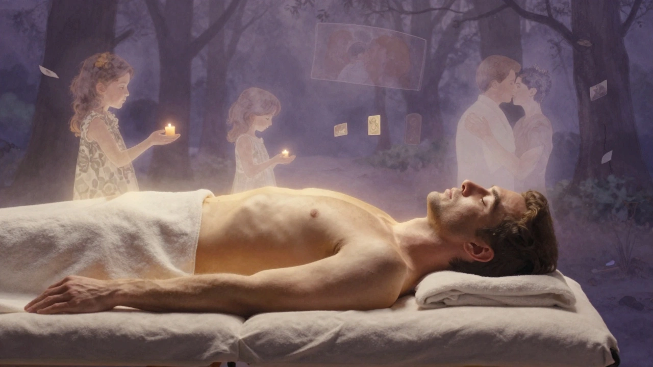 Man in diepe ontspanning met zwevende herinneringen als etherele silhouetten rond hem heen.