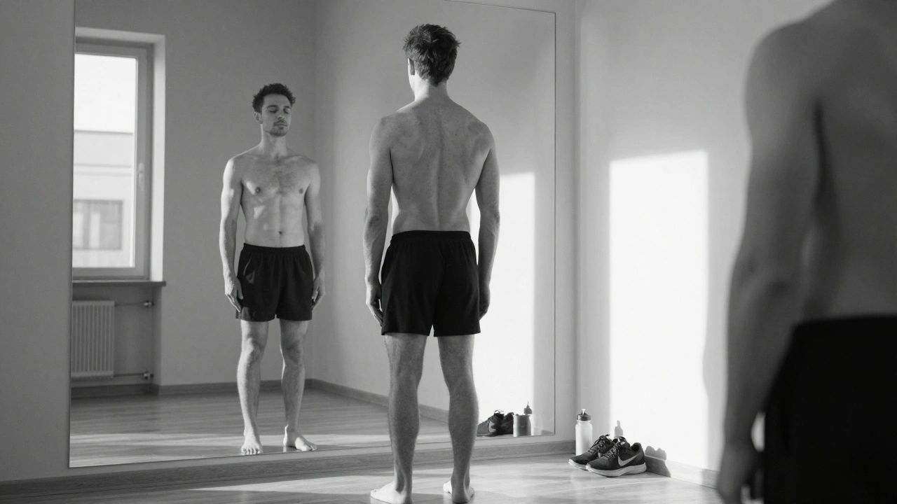 Man kijkt in de spiegel na sportmassage, houding is recht en ontspannen.