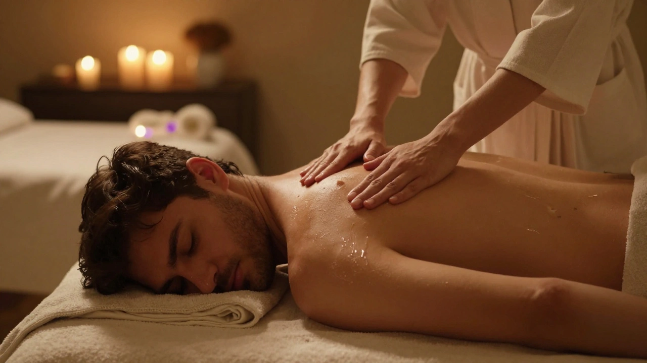 Man relaxing on a massage table as therapist applies warm oil with gentle strokes in soft lighting.
